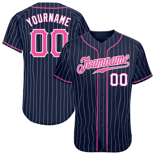 Custom Navy Pinstripe Baseball Jersey with Pink-White