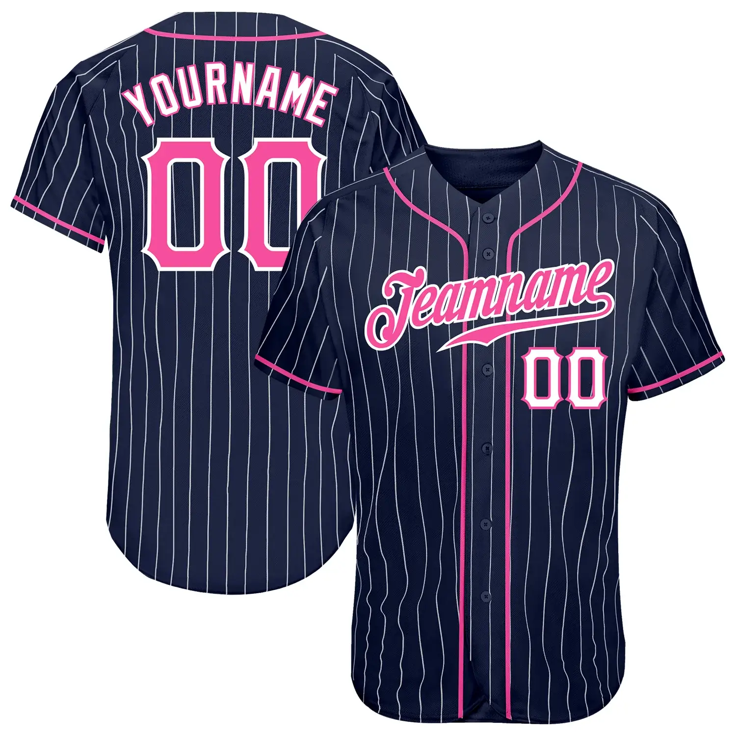 Custom Navy Pinstripe Baseball Jersey with Pink-White