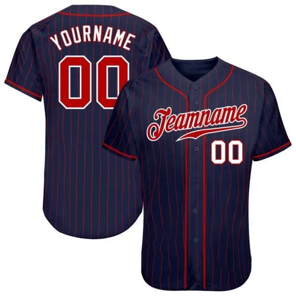 Custom Navy Pinstripe Baseball Jersey with Red-White