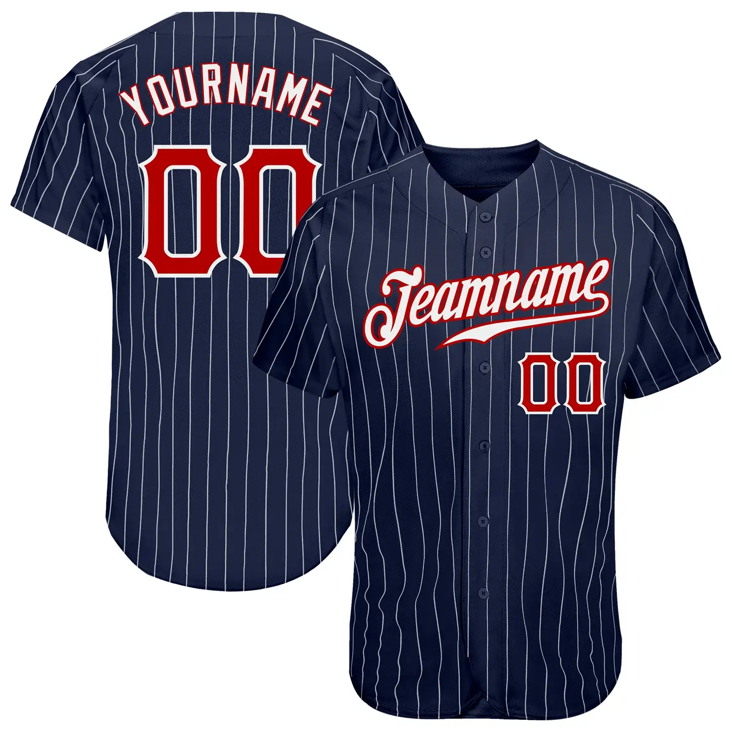Custom Navy Pinstripe Baseball Jersey with Red-White