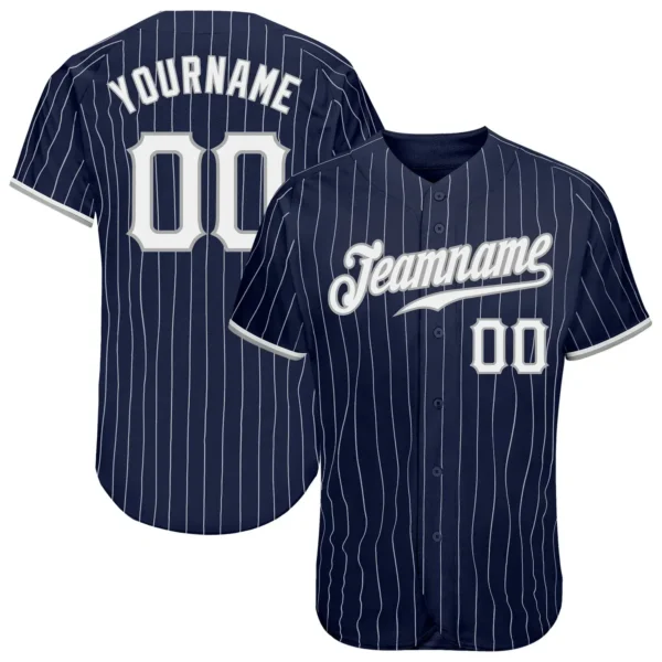 Custom Navy Pinstripe Baseball Jersey with White-Gray