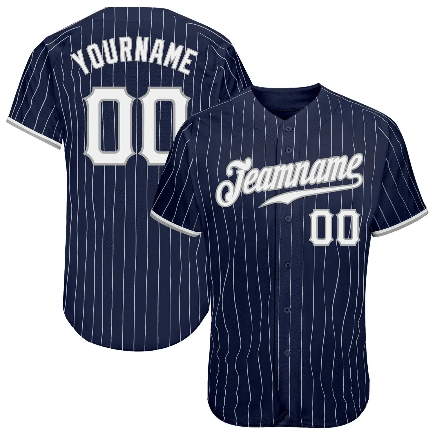 Custom Navy Pinstripe Baseball Jersey with White-Gray