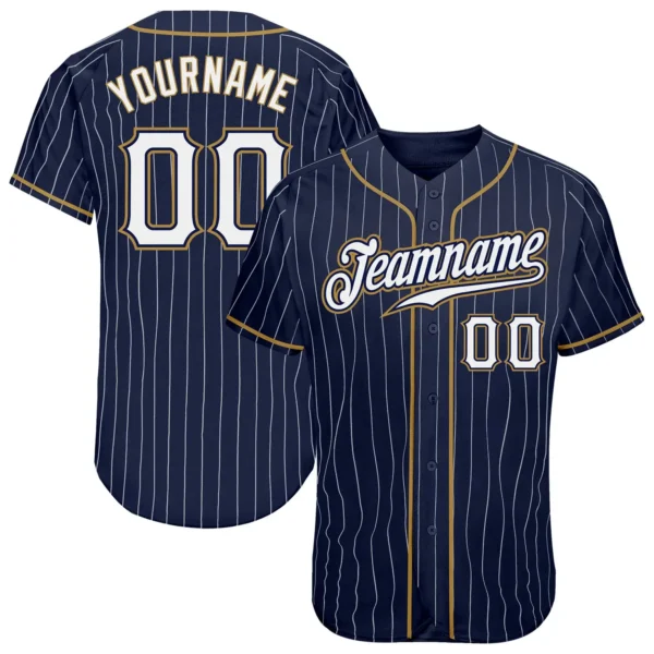 Custom Navy Pinstripe Baseball Jersey with White-Old Gold