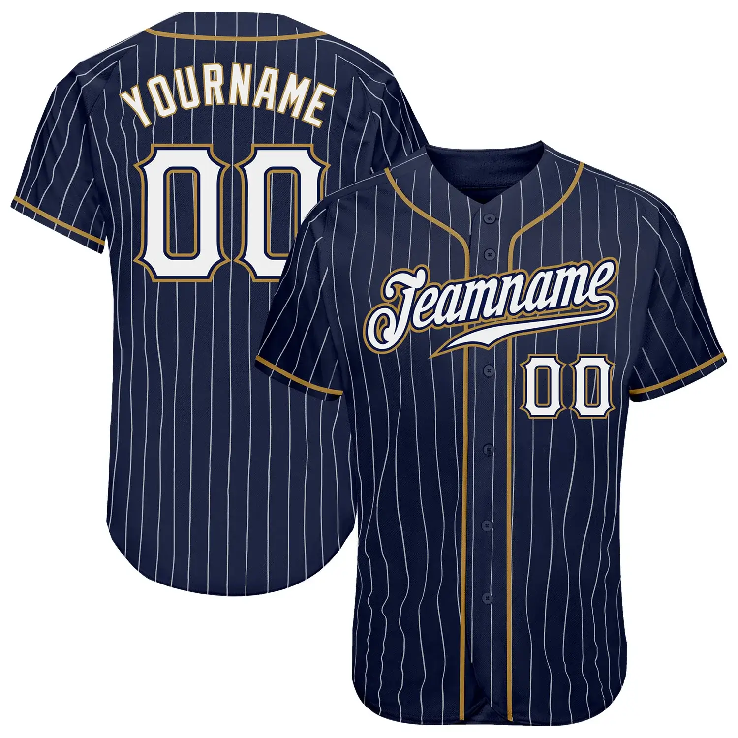Custom Navy Pinstripe Baseball Jersey with White-Old Gold