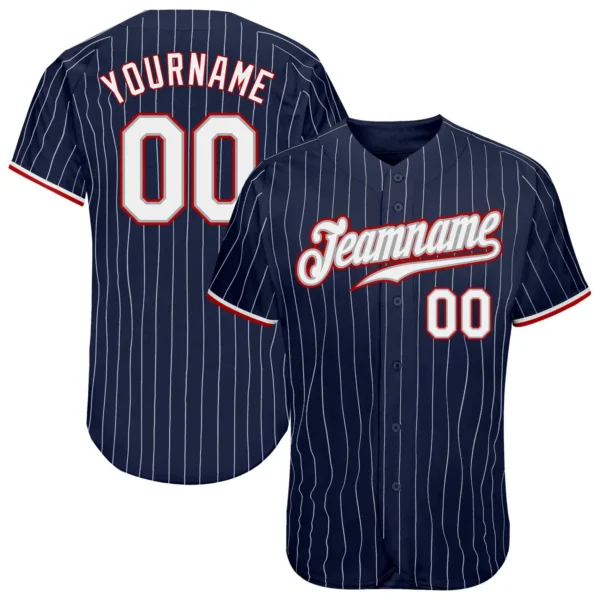 Custom Navy Pinstripe Baseball Jersey with White-Red