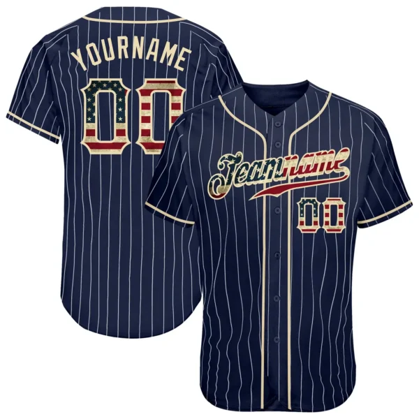 Custom Navy Pinstripe USA Flag Fashion Baseball Jersey with Cream