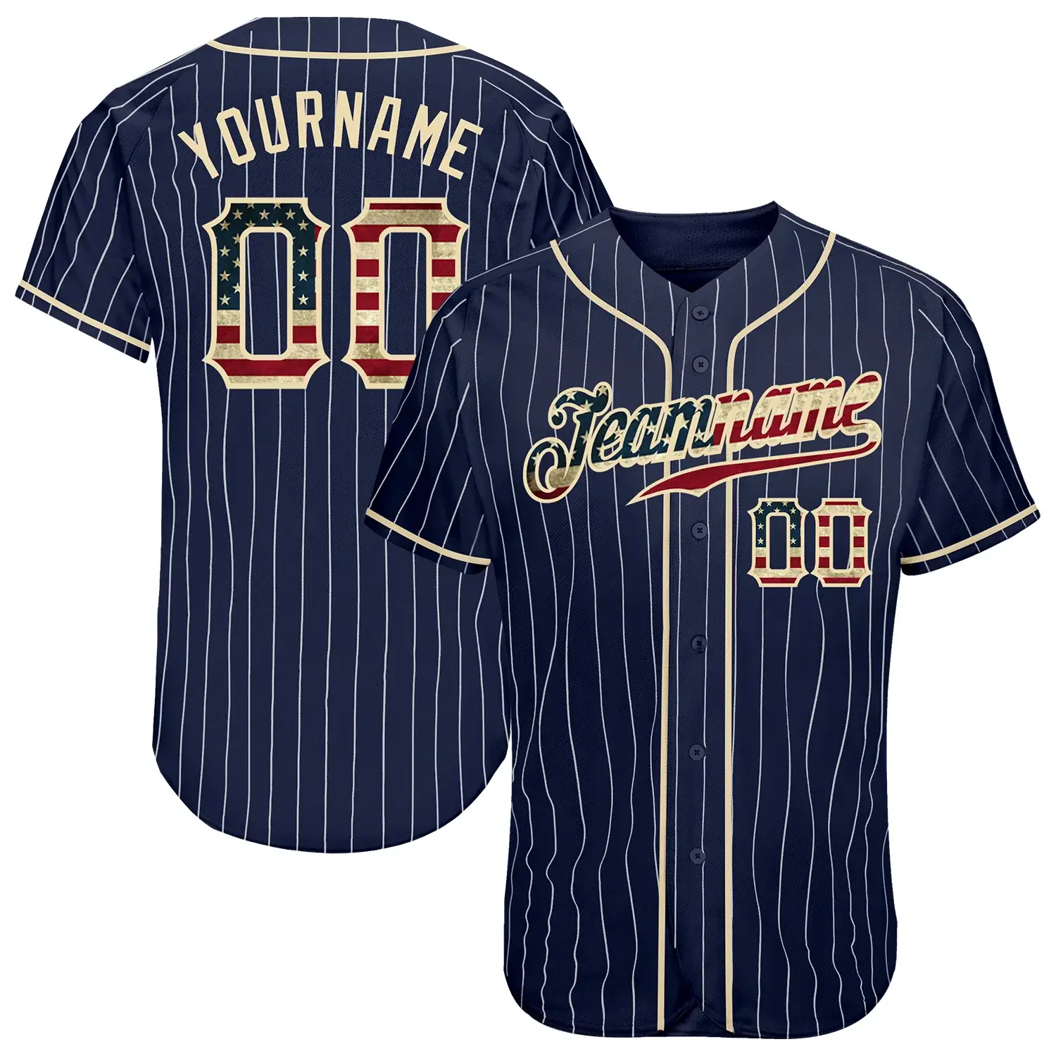 Custom Navy Pinstripe USA Flag Fashion Baseball Jersey with Cream