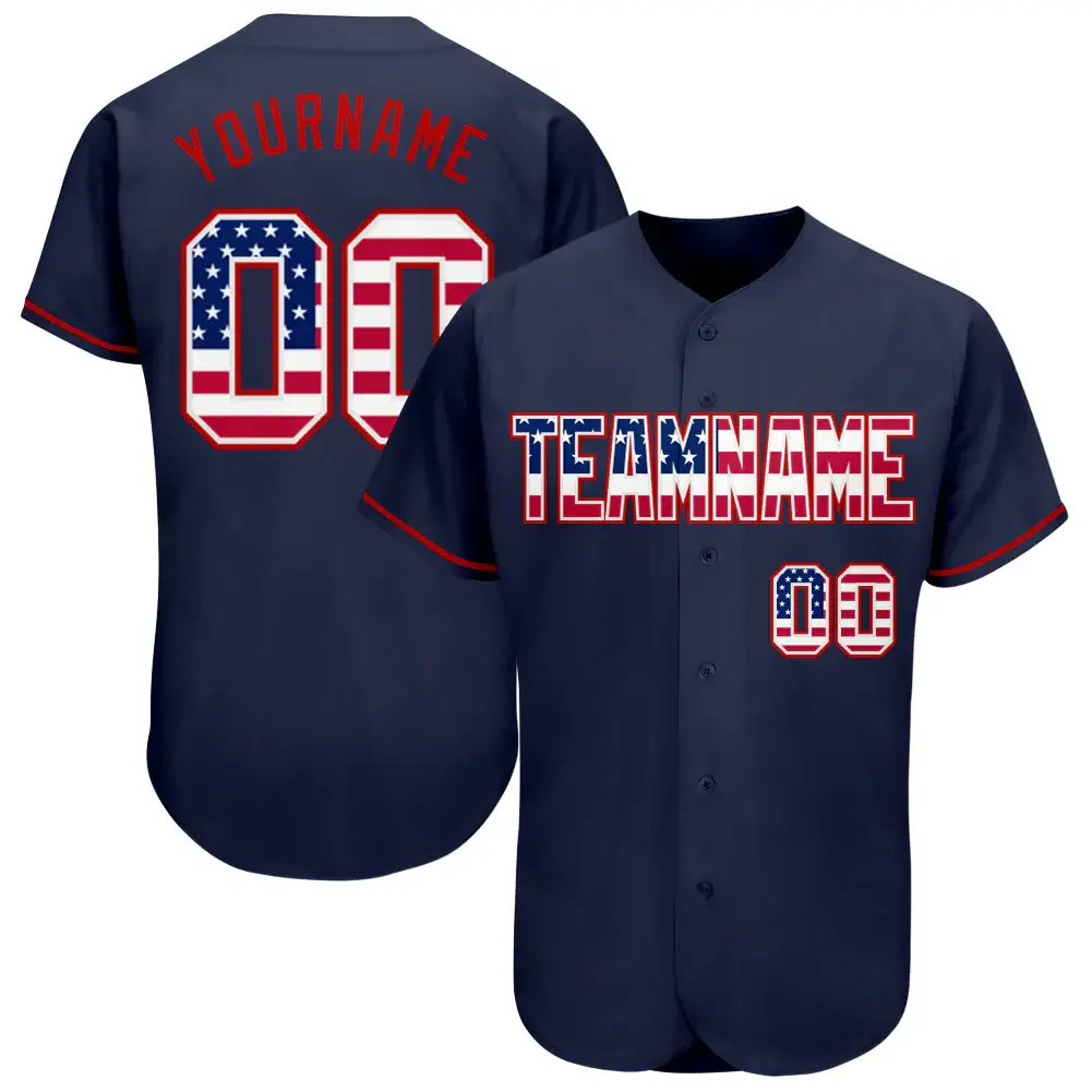 Custom Navy USA Flag Fashion Baseball Jersey with Red