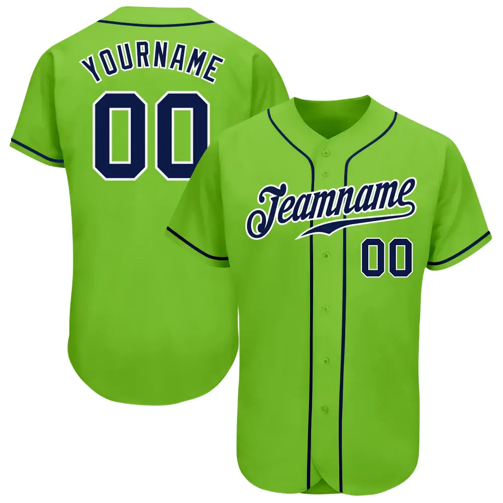 Custom Neon Green Baseball Jersey with Navy-White