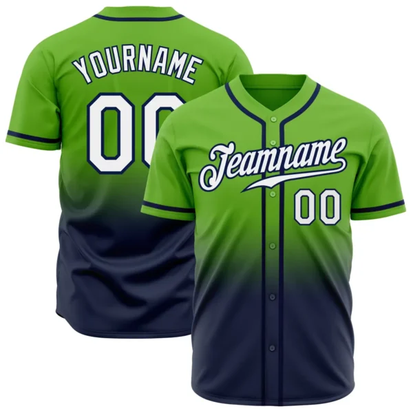 Custom Neon Green Fade Fashion Baseball Jersey with White-Navy