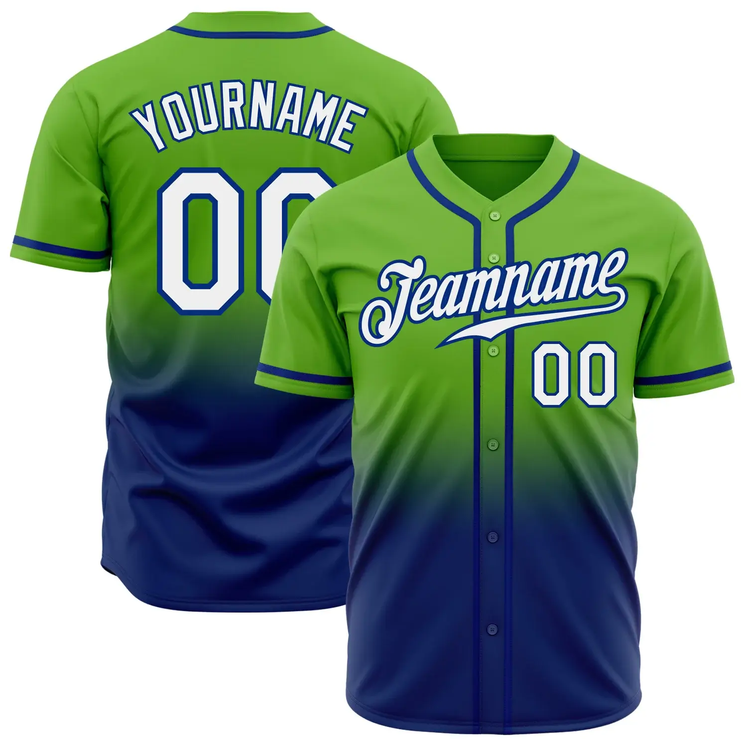 Custom Neon Green Fade Fashion Baseball Jersey with White-Royal