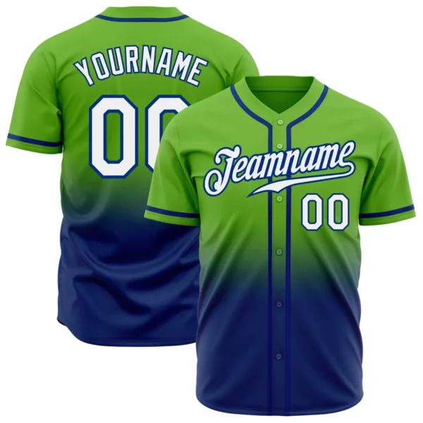 Custom Neon Green Fade Fashion Baseball Jersey with White-Royal