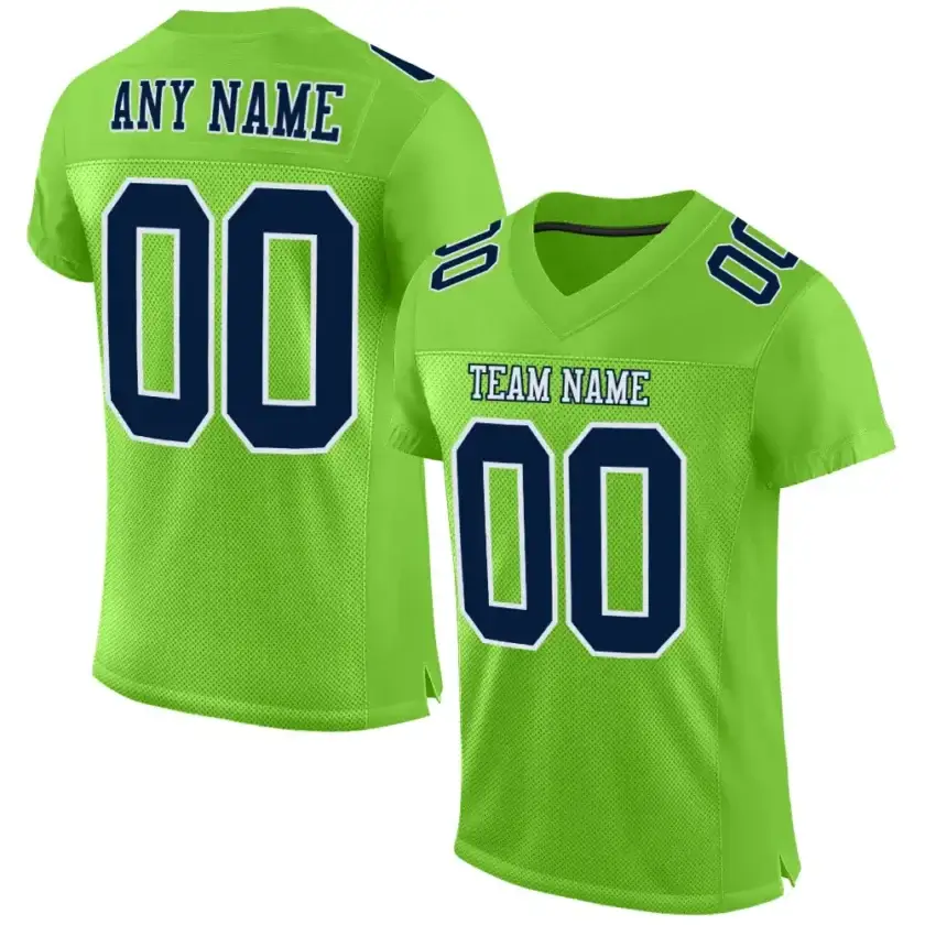 Custom Neon Green Mesh Football Jersey with Navy-White