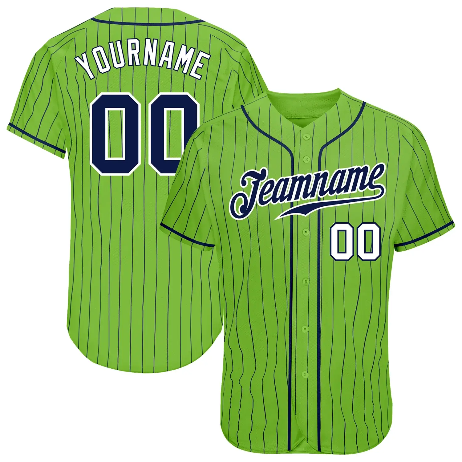 Custom Neon Green Pinstripe Baseball Jersey with Navy-White