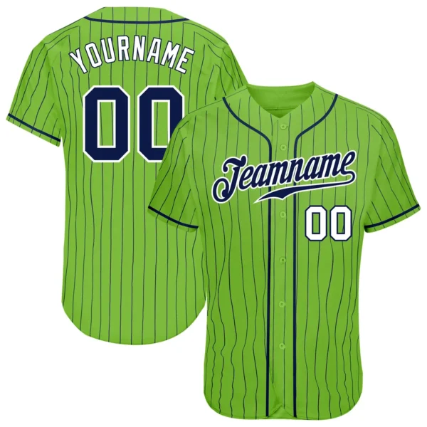 Custom Neon Green Pinstripe Baseball Jersey with Navy-White