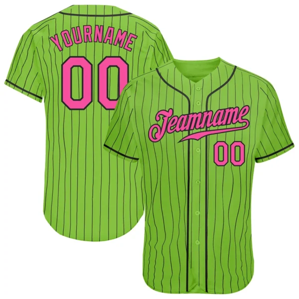 Custom Neon Green Pinstripe Baseball Jersey with Pink-Black