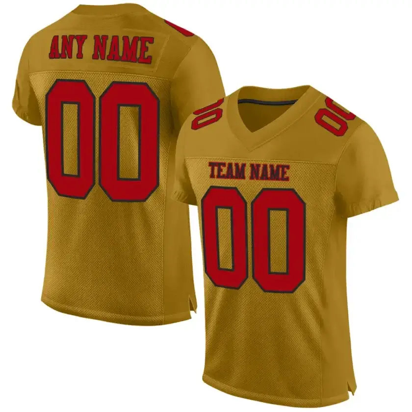 Custom Old Gold Mesh Football Jersey with Red-Black