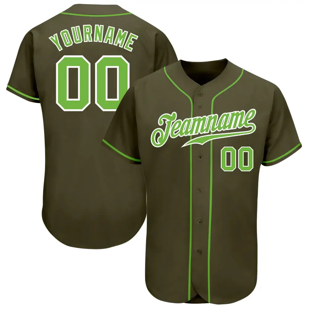 Custom Olive Baseball Jersey with Neon Green-White
