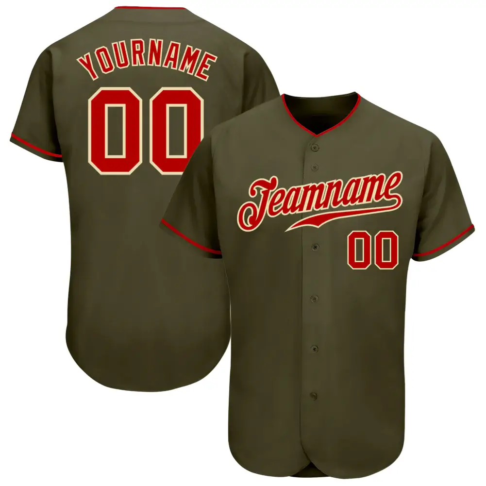Custom Olive Baseball Jersey with Red-Cream