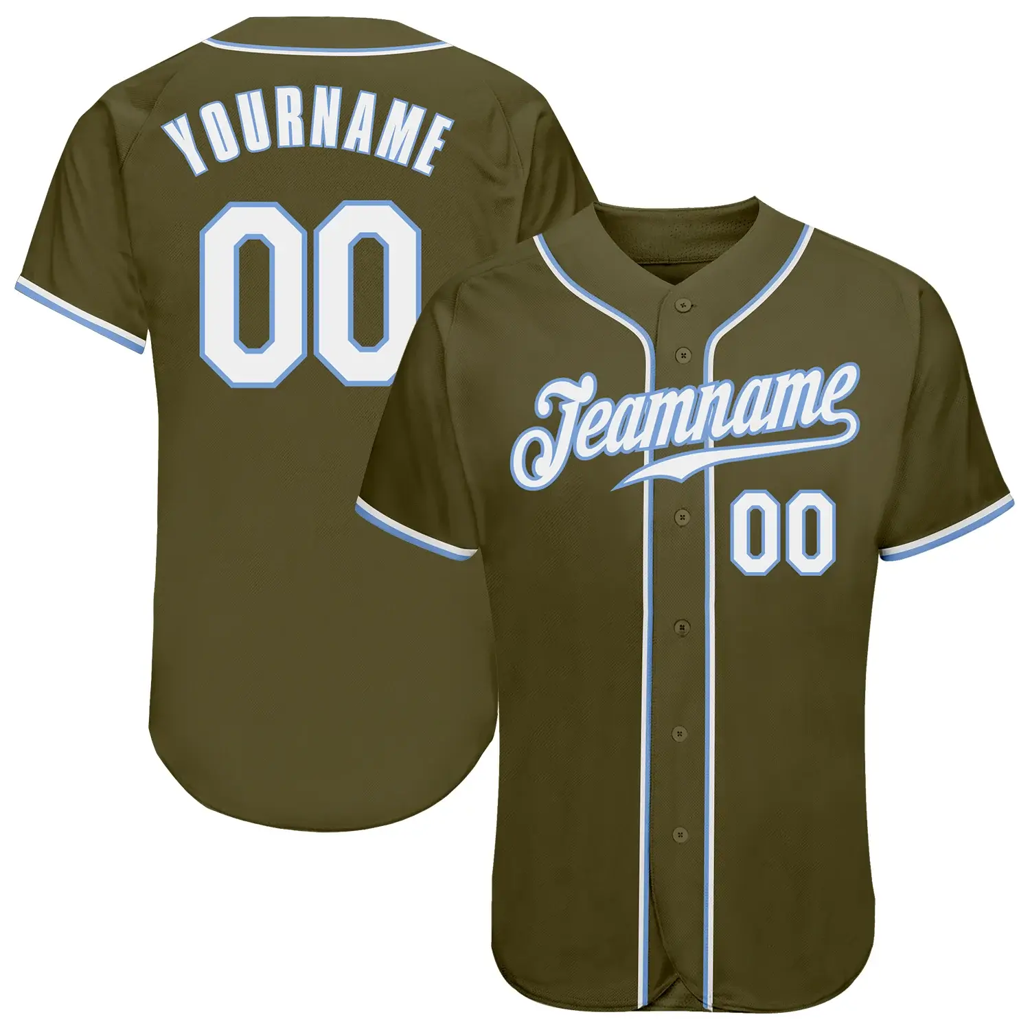 Custom Olive Baseball Jersey with White-Light Blue
