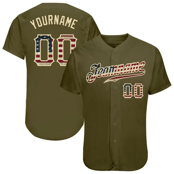 Custom Olive USA Flag Fashion Baseball Jersey with Cream