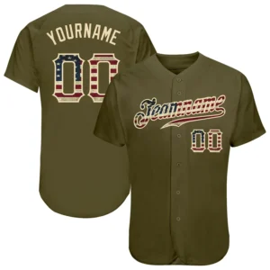 Custom Olive USA Flag Fashion Baseball Jersey with Cream