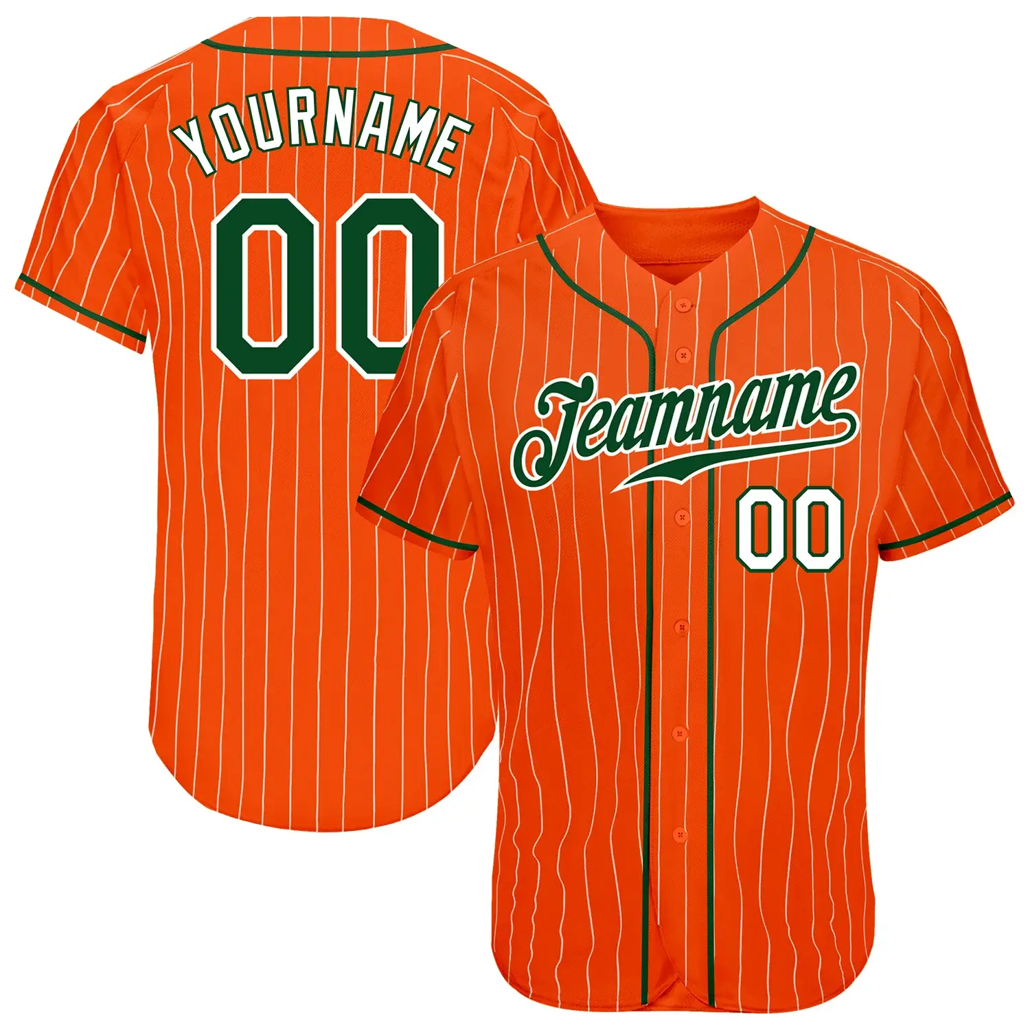 Custom Orange Pinstripe Baseball Jersey with Green-White