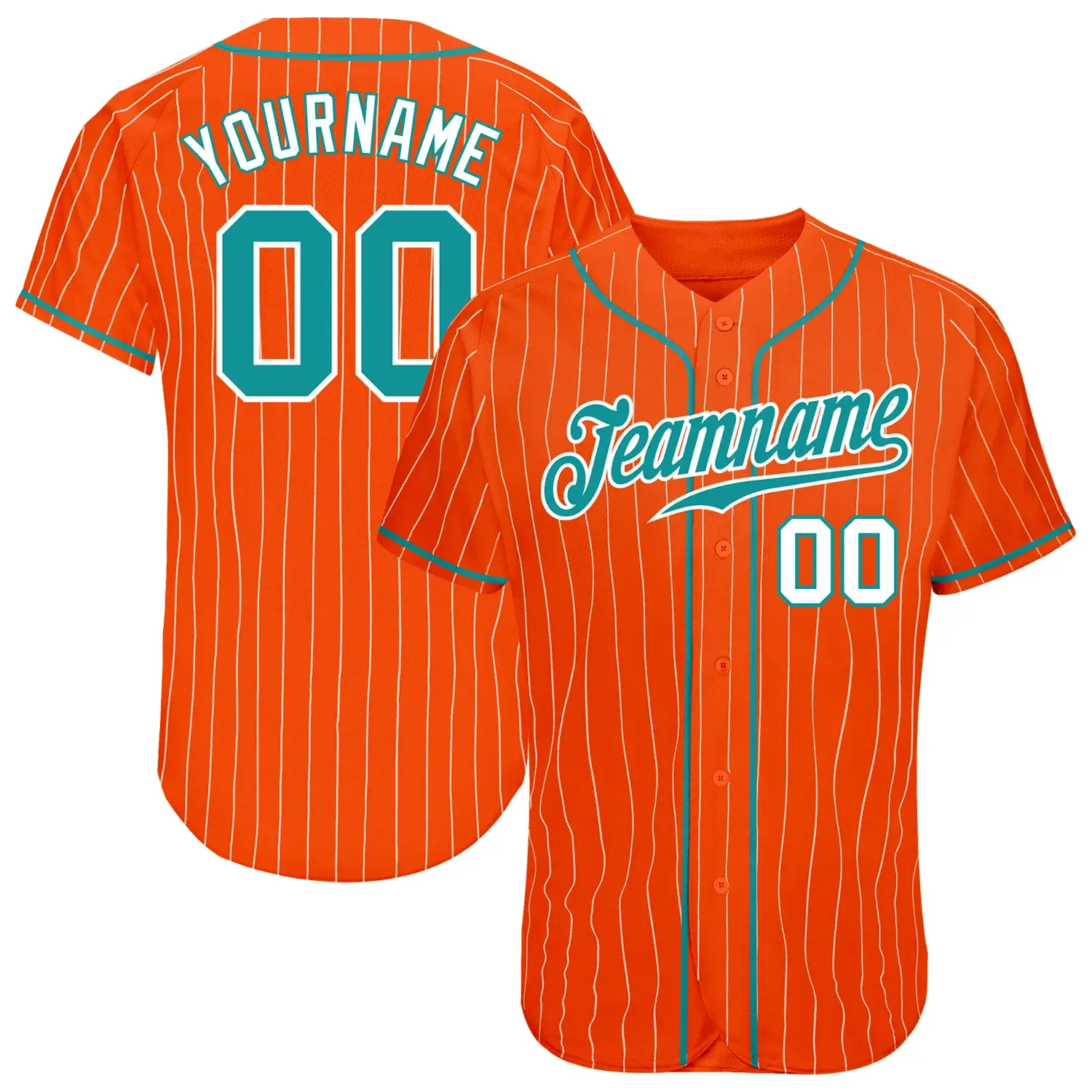 Custom Orange Pinstripe Baseball Jersey with Teal-White