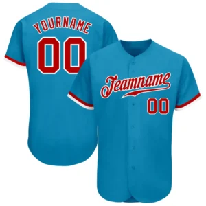 Custom Panther Blue Baseball Jersey with Red-White