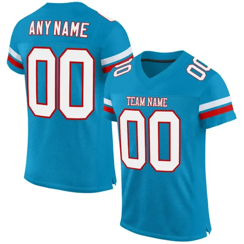 Custom Panther Blue Mesh Football Jersey with White-Red