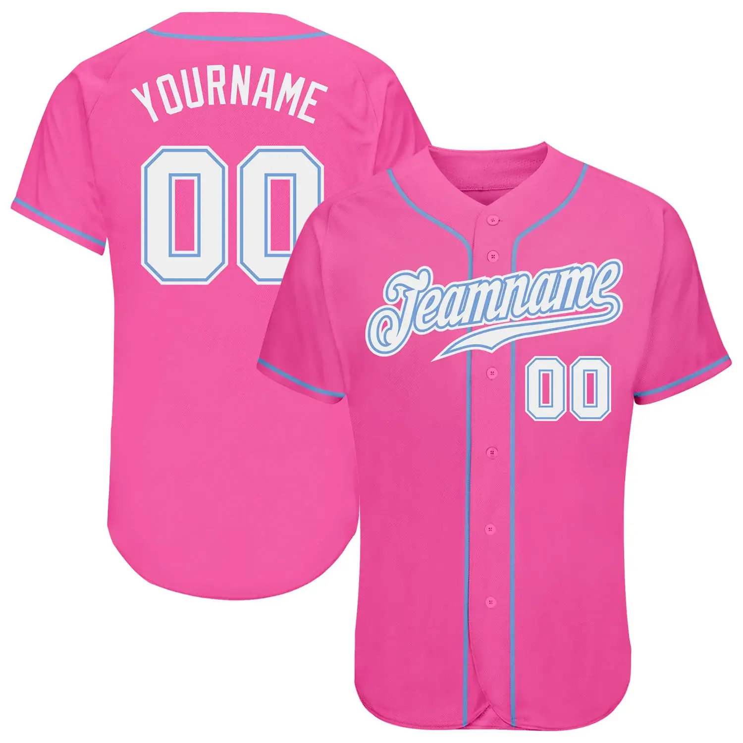 Custom Pink Baseball Jersey with White-Light Blue