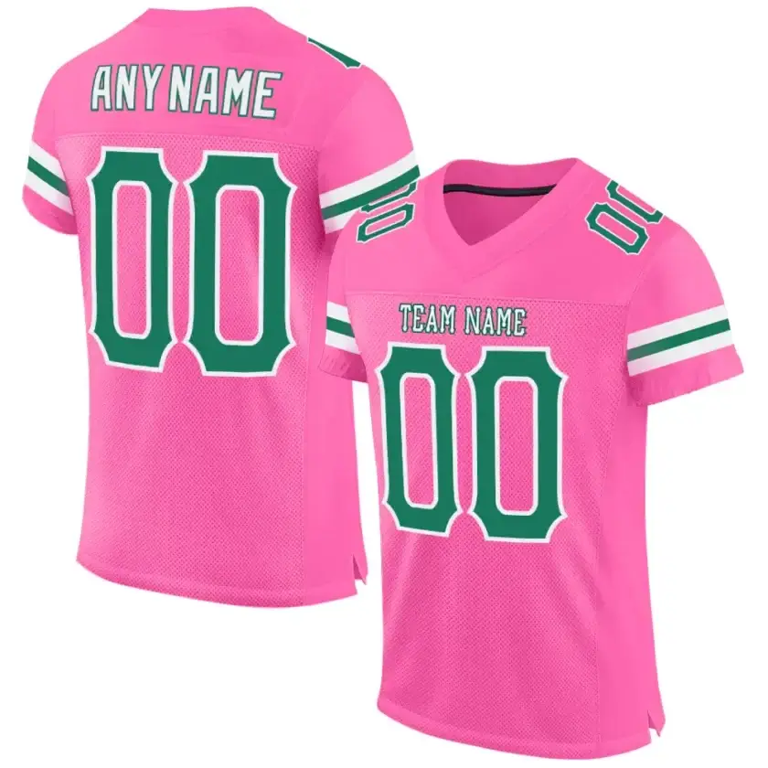 Custom Pink Mesh Football Jersey with Kelly Green-White