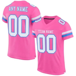 Custom Pink Mesh Football Jersey with White-Powder Blue