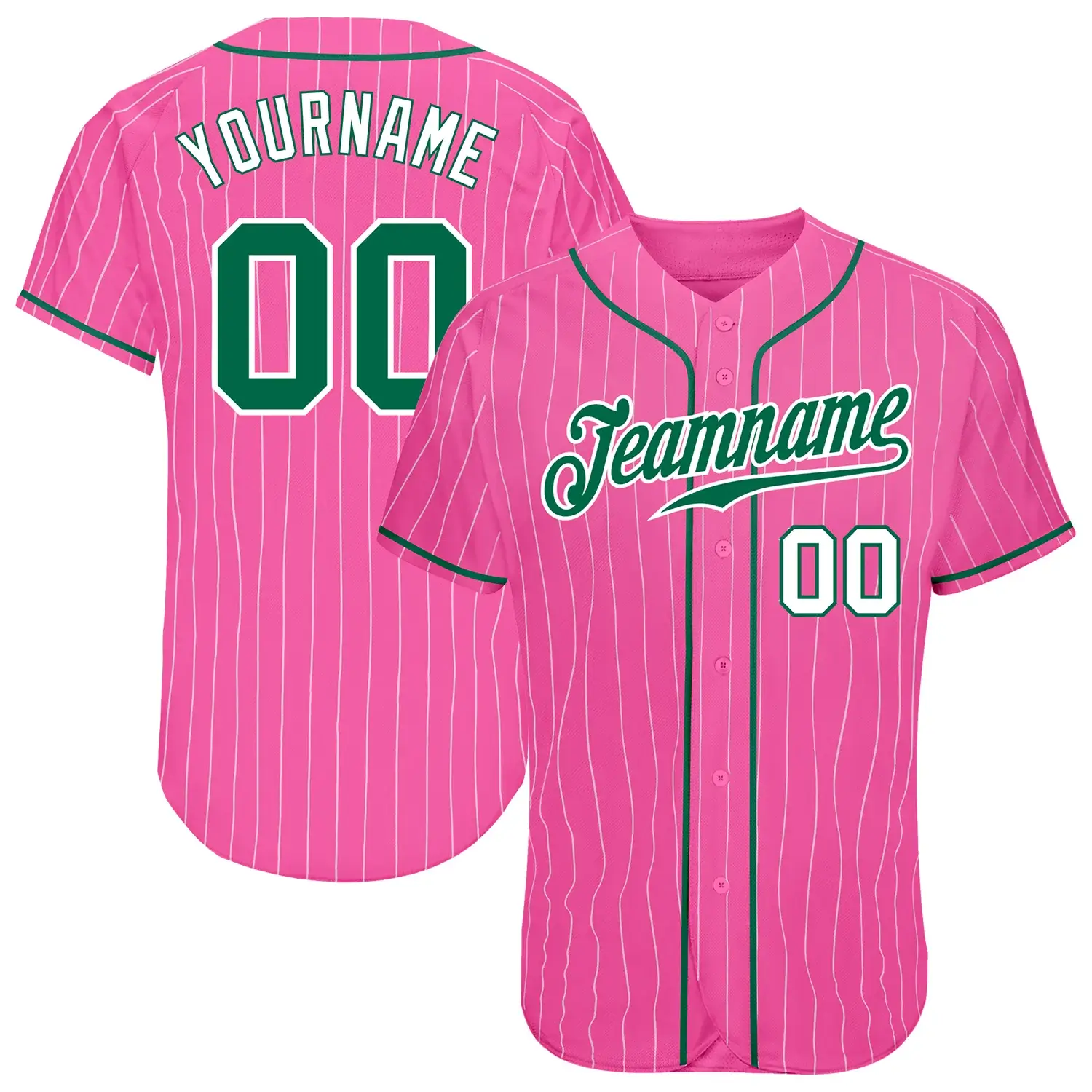 Custom Pink Pinstripe Baseball Jersey with Kelly Green-White