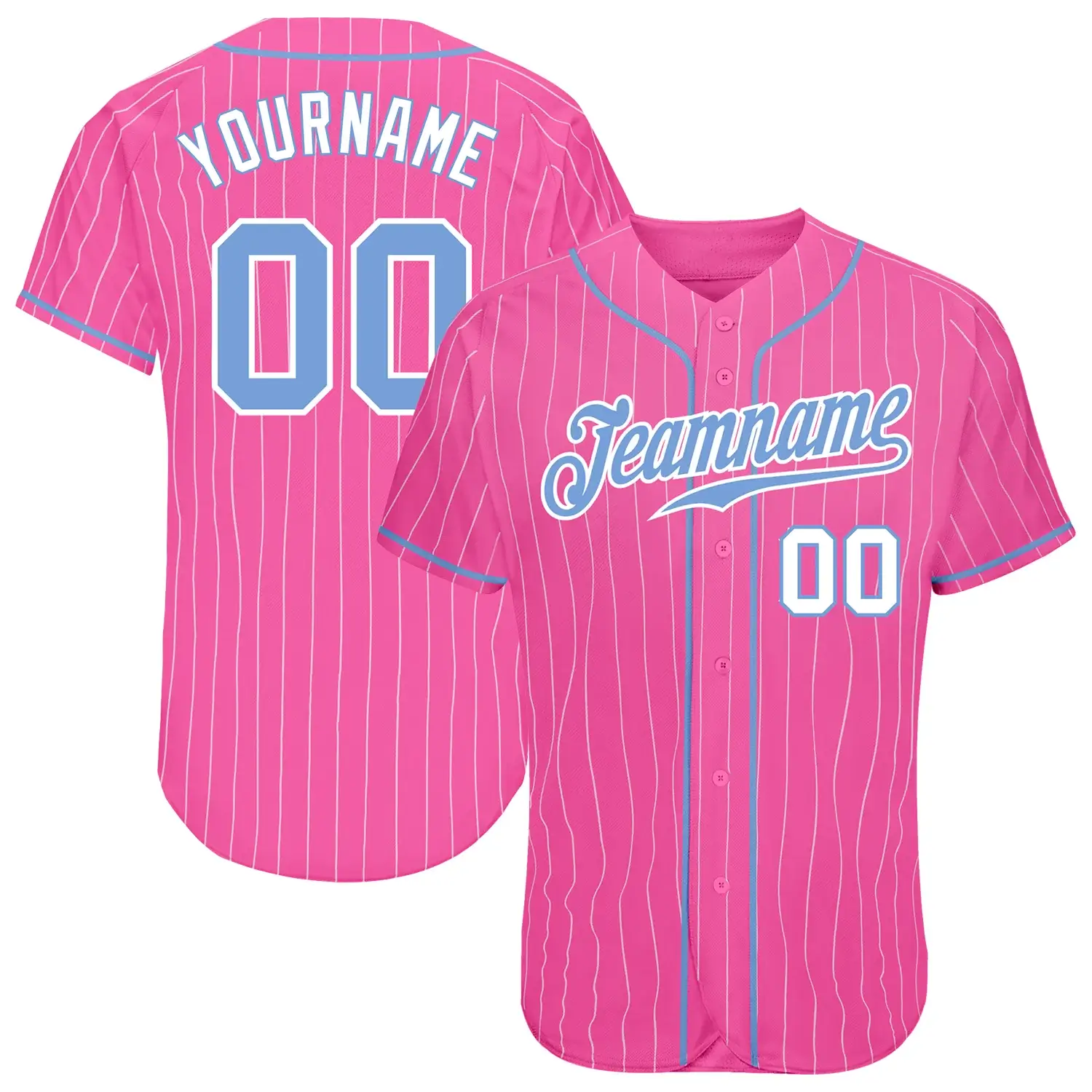 Custom Pink Pinstripe Baseball Jersey with Light Blue-White