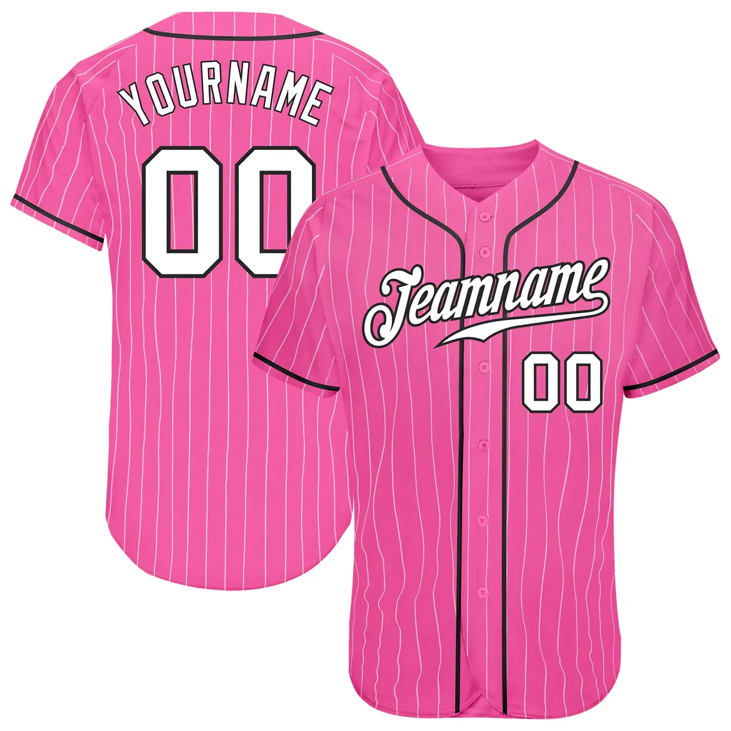 Custom Pink Pinstripe Baseball Jersey with White-Black