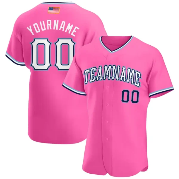 Custom Pink USA Flag Fashion Baseball Jersey with White-Light Blue