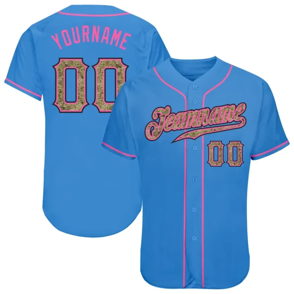 Custom Powder Blue Baseball Jersey with Camo-Pink