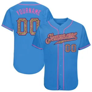 Custom Powder Blue Baseball Jersey with Camo-Pink