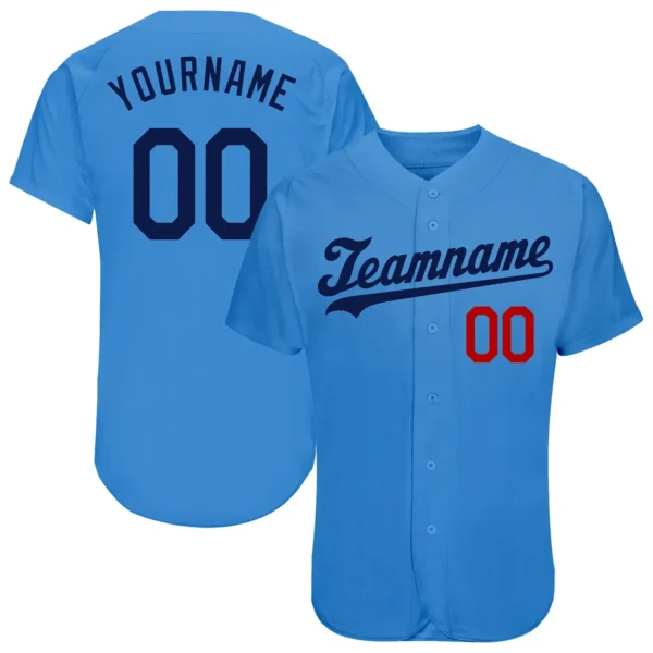 Custom Powder Blue Baseball Jersey with Navy-Red