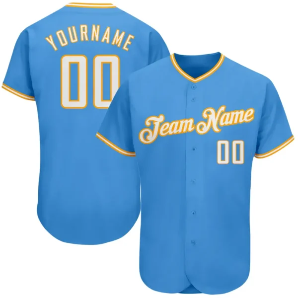 Custom Powder Blue Baseball Jersey with White-Gold