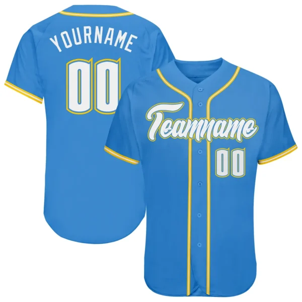 Custom Powder Blue Baseball Jersey with White-Gold