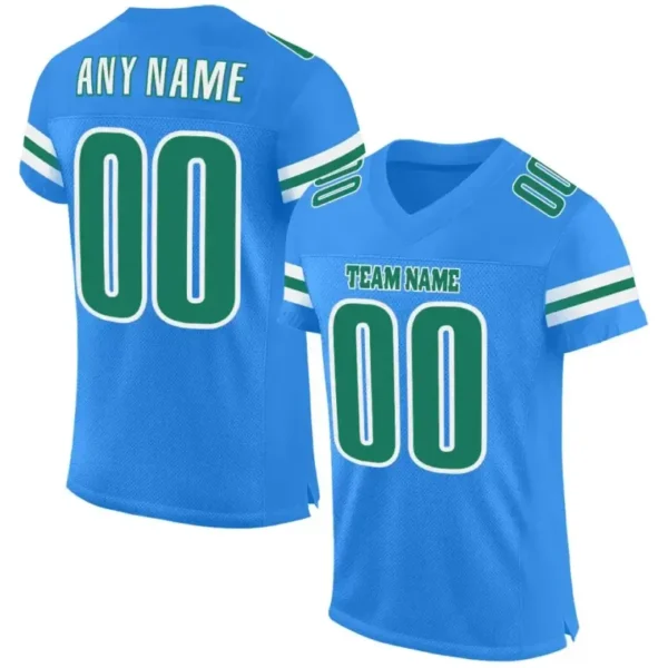 Custom Powder Blue Mesh Football Jersey with Kelly Green-White