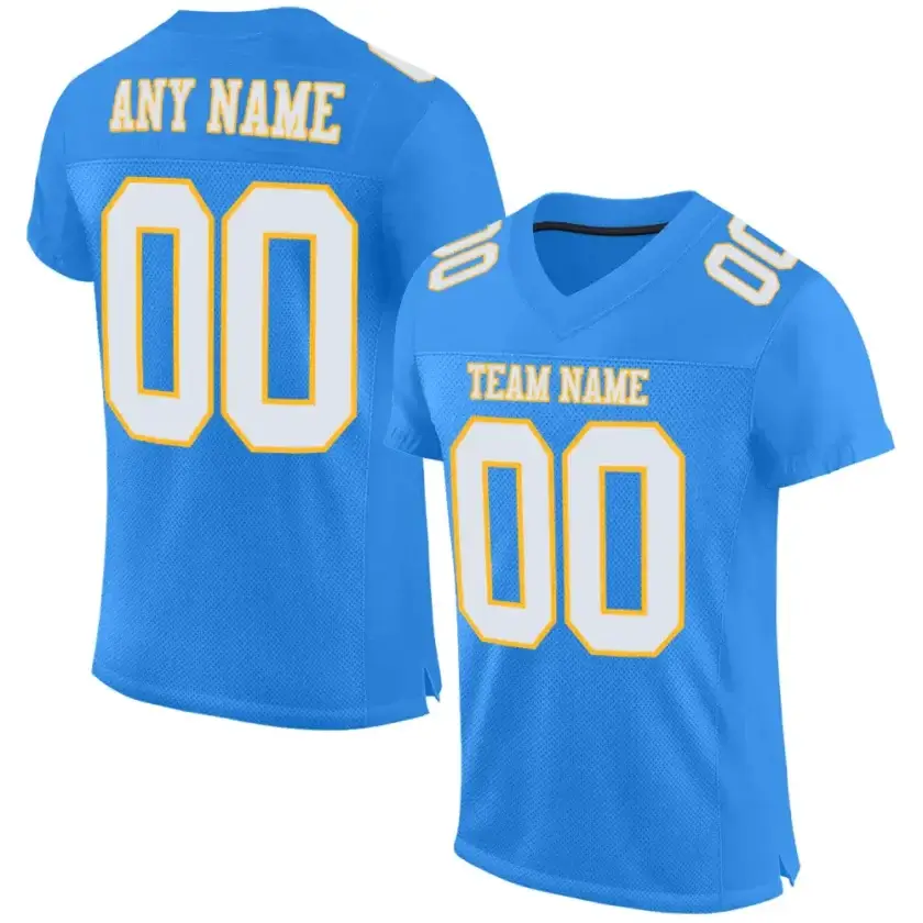 Custom Powder Blue Mesh Football Jersey with White-Gold