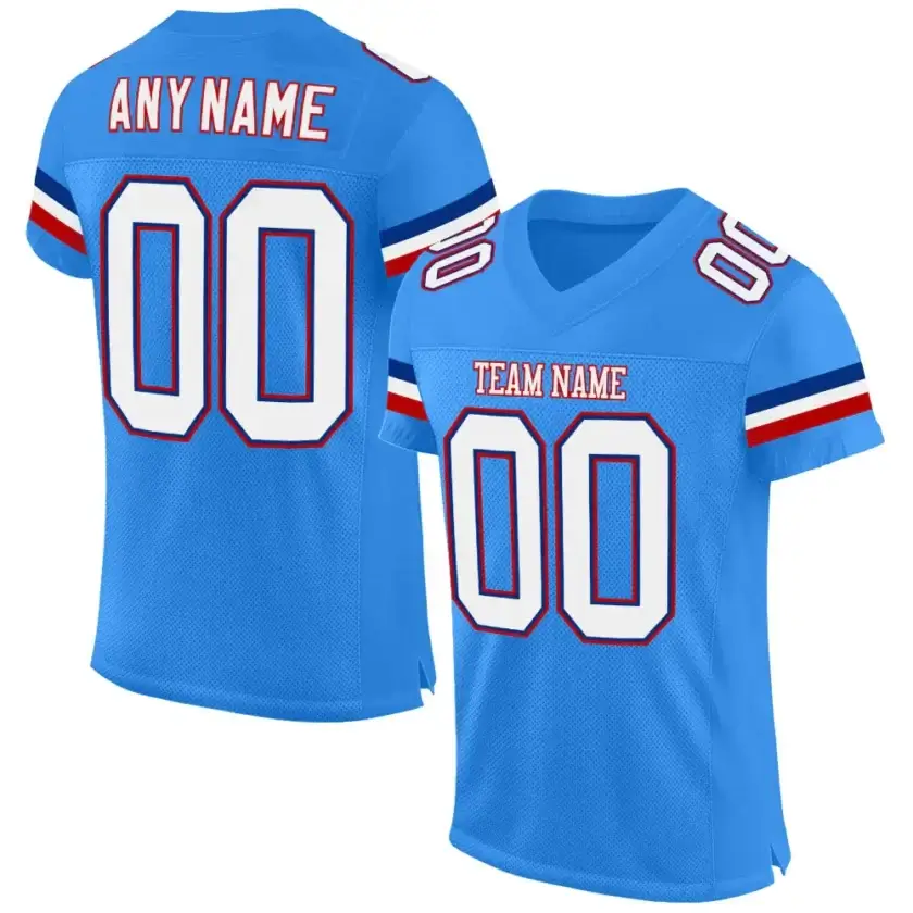 Custom Powder Blue Mesh Football Jersey with White-Red