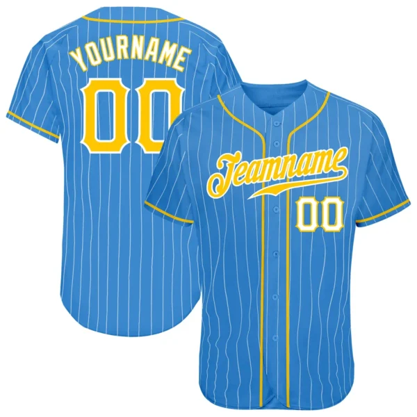 Custom Powder Blue Pinstripe Baseball Jersey with Gold-White