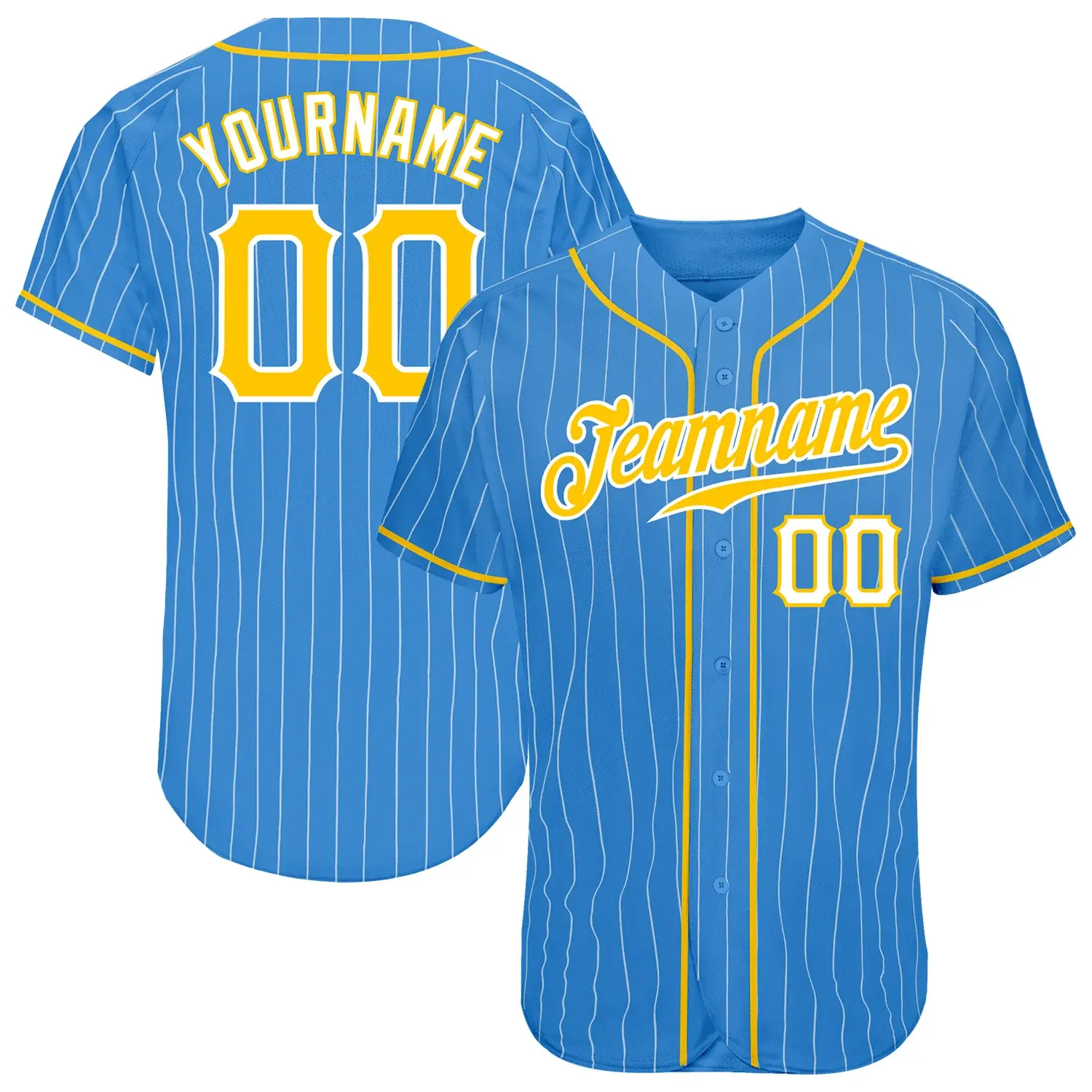 Custom Powder Blue Pinstripe Baseball Jersey with Gold-White