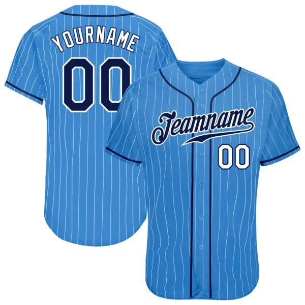 Custom Powder Blue Pinstripe Baseball Jersey with Navy-White