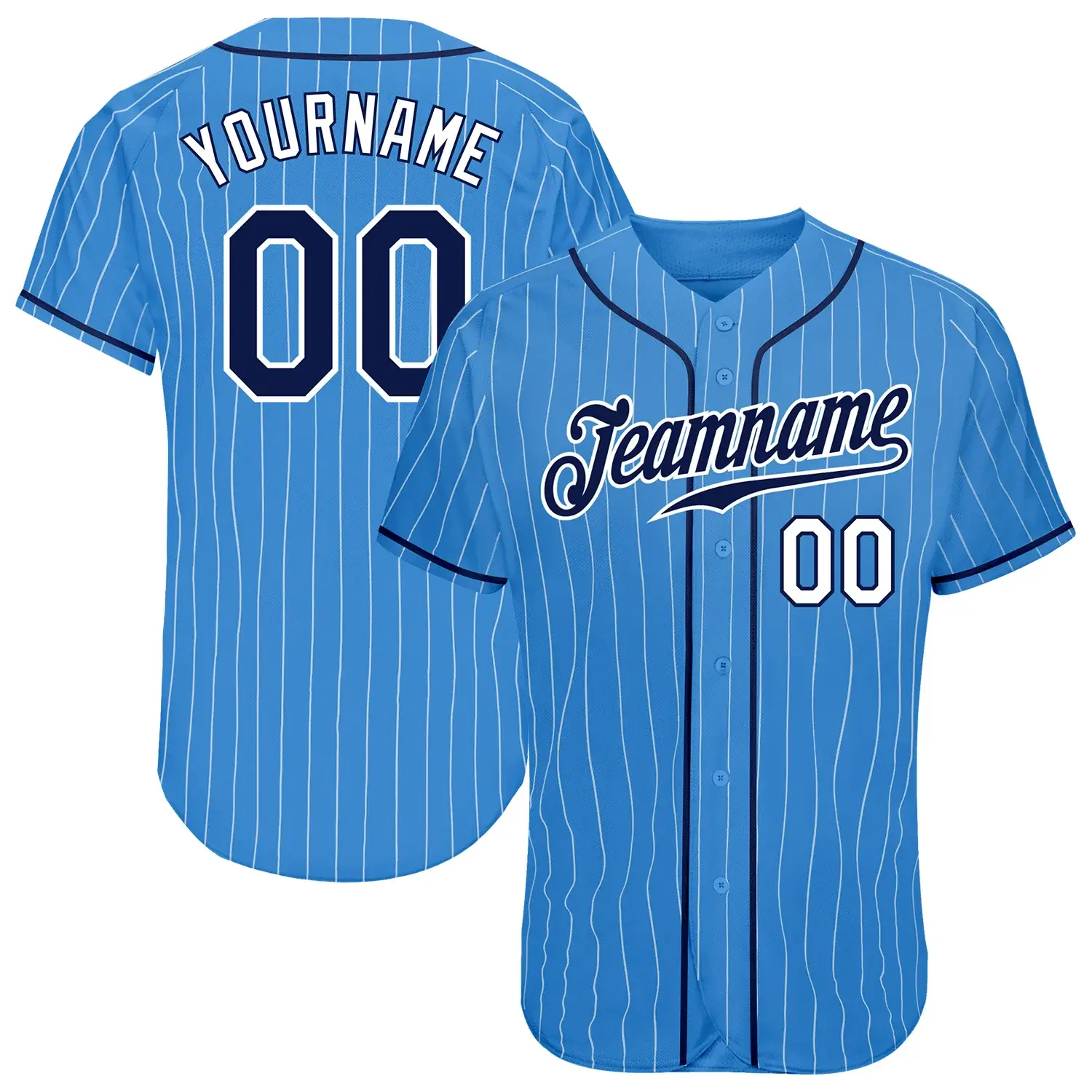 Custom Powder Blue Pinstripe Baseball Jersey with Navy-White