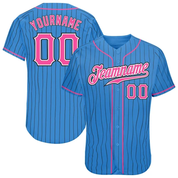 Custom Powder Blue Pinstripe Baseball Jersey with Pink-White